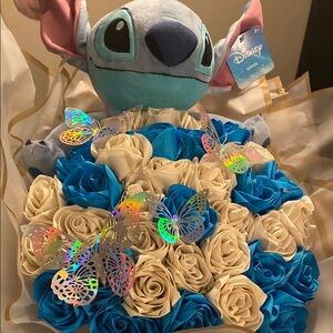 Disney Stitch Plush with Blue and Cream Rose Bouquet